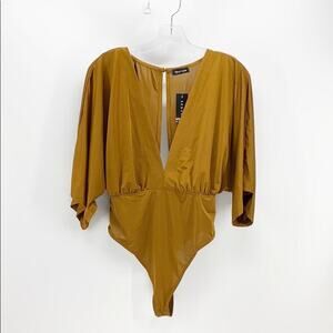 Mind Code Deep V-neck open back polyester body suit burnt mustard sz S